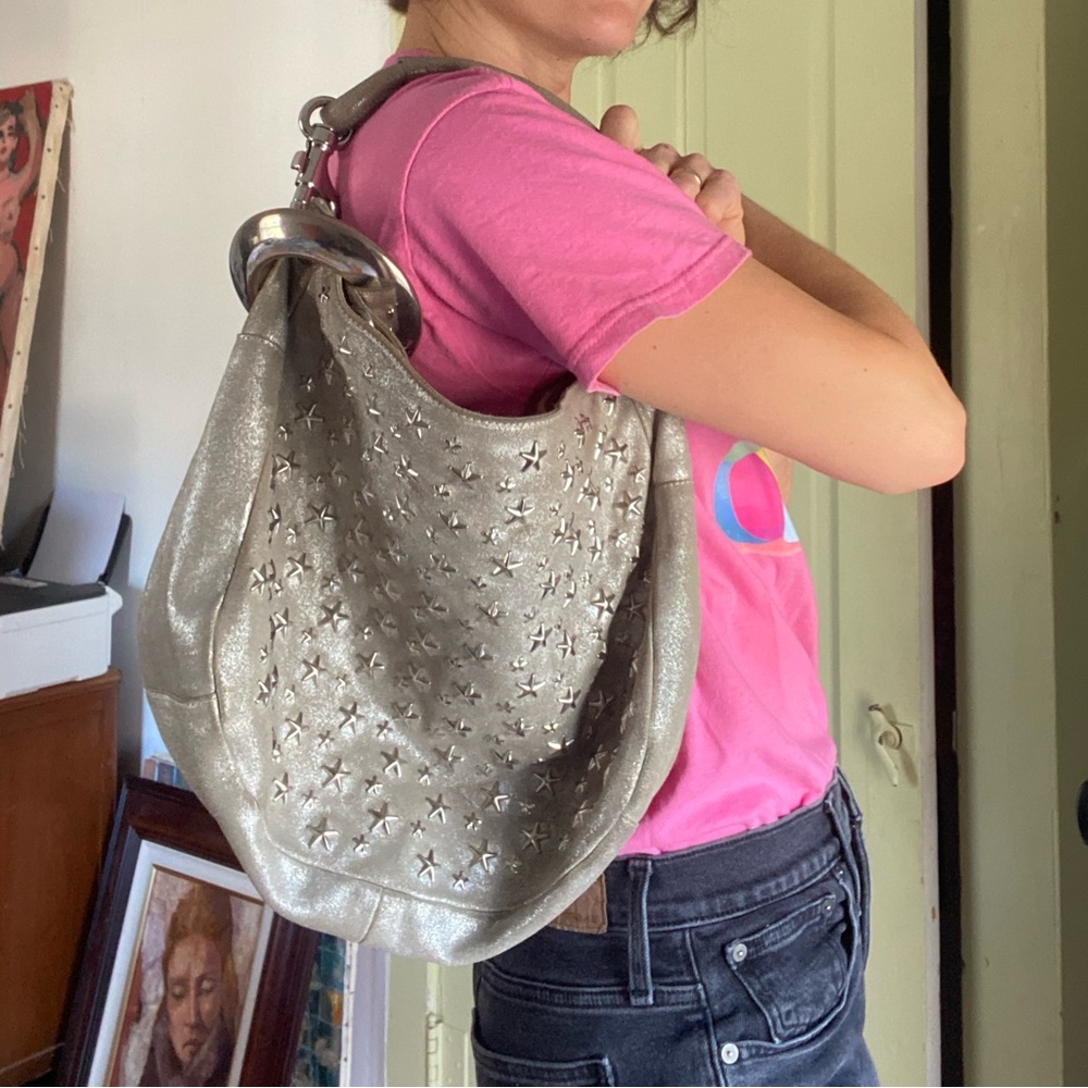 Jimmy Choo metallic silver leather star studded shoulder bag iconic - Picture 2 of 15